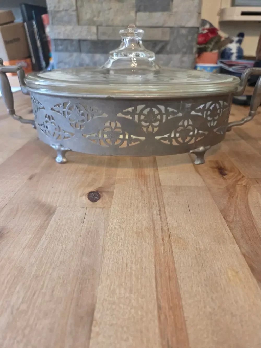 Vintage Pyrex Glass Casserole Dish with Clear Lid & Ornate Silver Plated Carrier